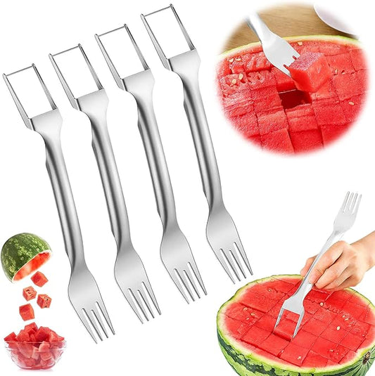 Watermelon Cutter Slicer Fruit Tool - 2-in-1 Stainless Steel Watermelon Cube Cutter, Melon Fork Slicer, Dual Head Watermelon Cuber Cutting Tool Knife (4 PCS)