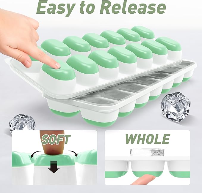 ChefAide Ice Cube Tray with Lid, 4 Packs 56 Cubes Durable Stackable Ice Cube Trays for Freezer with Removable Lids, Easy-Release Plastic & Silicone Ice Tray for Cocktail, Coffee