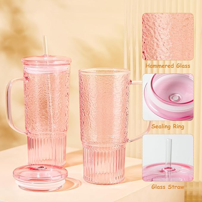 JunVpic Glass Cups with Lids and Straws,24oz Glass Tumbler with Handle Iced Coffee Cup for Coffee,Juice,Tea,Milk,Smoothie,Hot & Cold Drinks (Pink)
