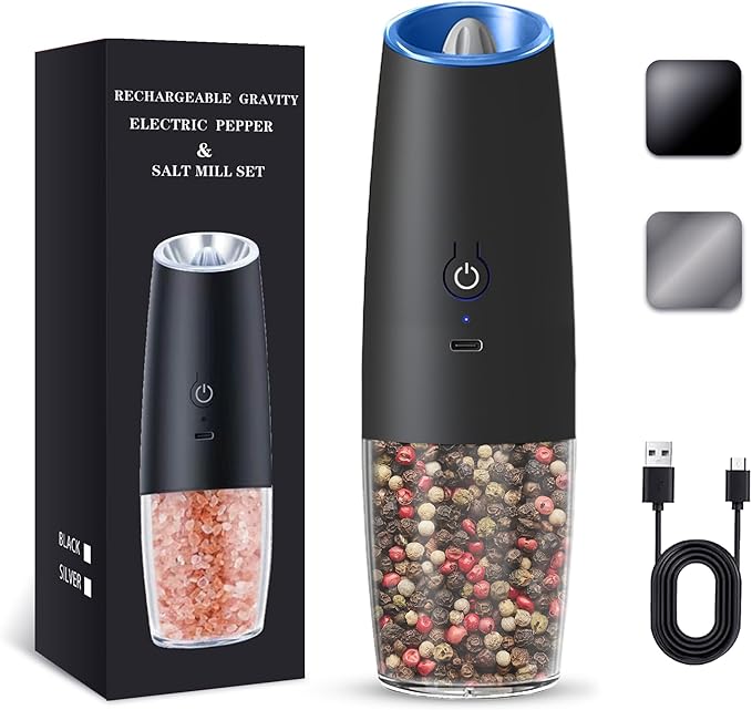 UNNEES Rechargeable Electric Salt and Pepper Grinder, gravity electric salt and pepper grinder, Adjustable Roughness, LED Light, 1 Pack, (Black)