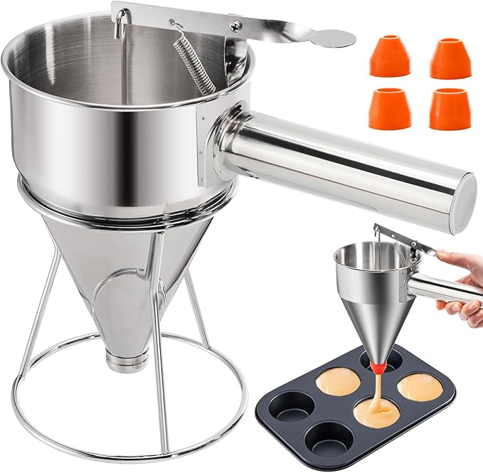 WRINGKIT Stainless Steel Pancake Batter Dispenser, 20 Oz Funnel Cake Dispenser Maker with Stand Squeeze Handle, Multi-Caliber Panckae Pourer for Cupcakes, Donut, Waffle or Baked Goods
