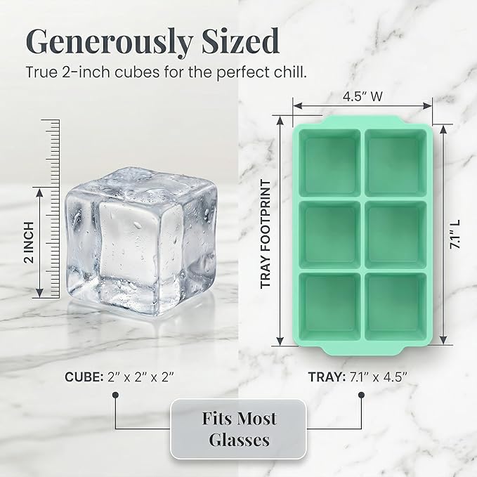 KitchFort Large Silicone Ice Cube Tray (2-Pack), Easy Release 2" Big Ice Cubes - Cocktail, Whiskey Ice Cubes Mold - Ice Trays for Freezer with Lid - Stackable Silicone Ice Tray - Green