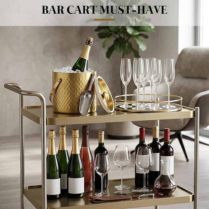 Gold Ice Bucket with Lid, Handle and Tong Insulated 3L Double Wall Stainless Steel Champagne Bucket with Silicone Sealing Ring, Scoop & Strainer, Metal Ice Bucket for Bar, Party, Home Entertaining