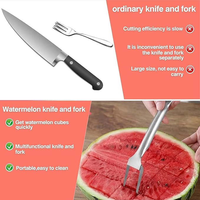 Watermelon Cutter，2-in-1 Stainless Steel Fruit Cutter, 2025 New Upgrade Dual Head Watermelon Fork Slicer Tool, Summer Fruit Cutting Home Kitchen Gadgets (1 pack)