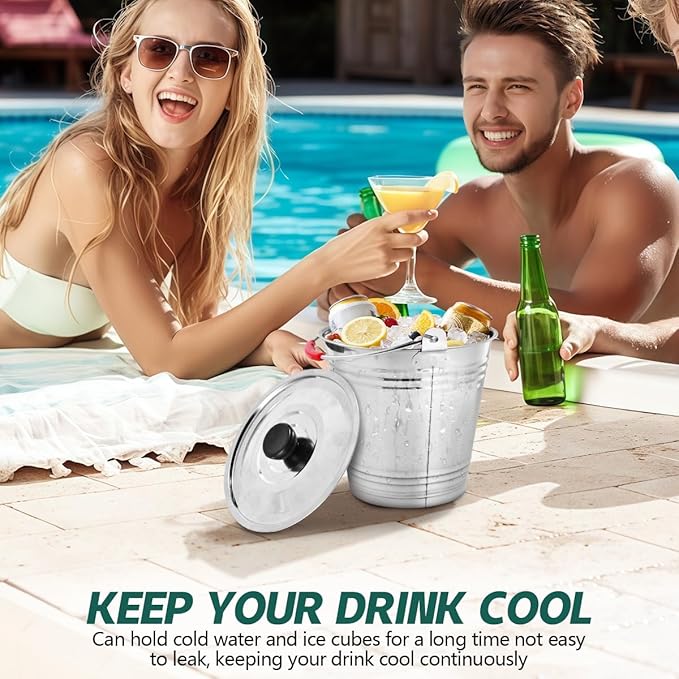 OBTANIM 3 Pack 4L Stainless Steel Metal Ice Buckets Champagne Drink Cooler Storage Ice Pails with Handle and Lid for Party Favors Organizing Home Parties Bar Cooling Supplies