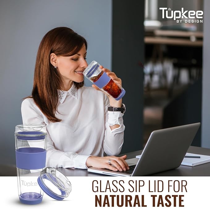 Tupkee Glass Sip Lid Jacaranda - Replacement Double Wall Glass Tumbler, 14oz & 8oz Hand Blown Travel Mug