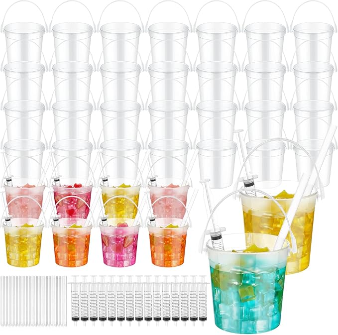 Willinglong 100 Set 32oz Clear Plastic Drink Buckets Rum Buckets for Drink with Straws, Lids and Beverage Syringes Reusable Iced Coffee Cups for Rum Wine Beer Cocktail Beverage Lemonades