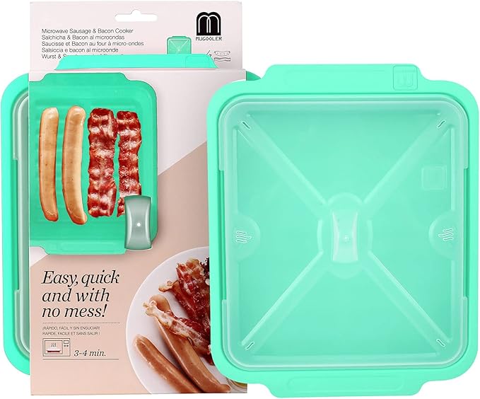 MMUGOOLER Microwave Easy Bacon Maker/Cooker with Lid, Safety, Quick and with No Mess, 11.3“ L x 9.0" W x 2.4" H- Blue