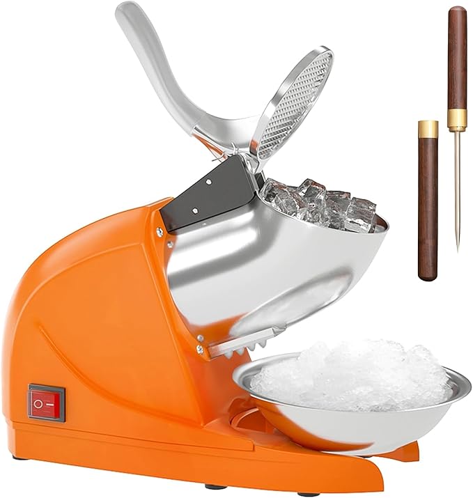 Shaved Ice Machine, Electric 3 Blade Snow Cone Machine, 380W Crusher Ice Maker, 286 lb/hr Ice Crusher, Commercial and Home Ice Crusher (Orange)