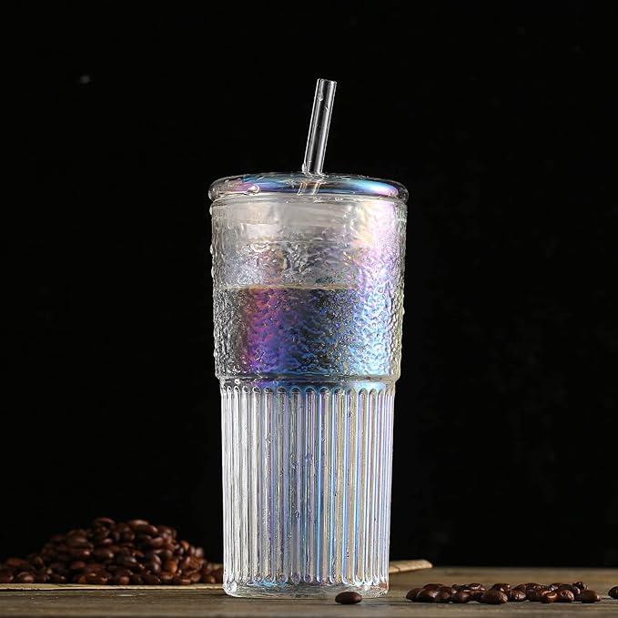 QWEZXO Colorful High Borosilicate Glass Cups With Lids and Glass Straws，20 OZ Rainbow Iced Coffee Water Tumbler Smoothie
