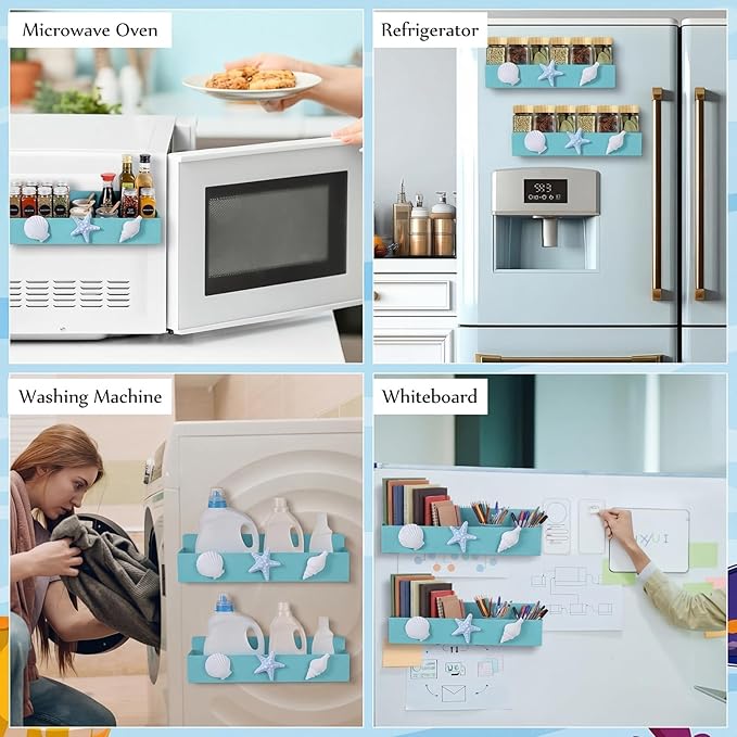 Beeveer 2 Pack Beach Magnetic Spice Rack for Refrigerator Metal Magnet Basket Shelf for Fridge Seasoning Storage Organizers Home Decor Kitchen Accessories (Blue and White)