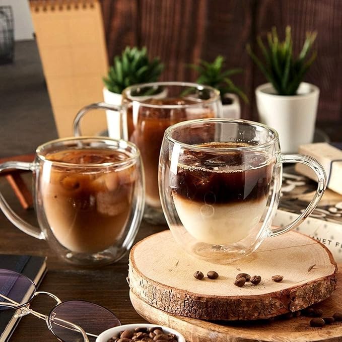 8 oz/250ml Double Walled Glass Coffee Mugs, Clear Coffee Cups and Mugs Set of 4, Cappuccino Latte Macchiato Glasses Cups with Handle, Espresso Mug Cups for Latte, Hot/Cold Drink