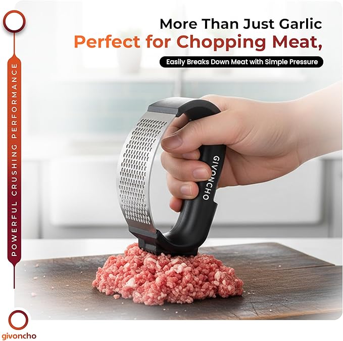 Garlic Grinder & Press Rocker Set – Stainless Steel Garlic Crusher, Mincer & Rolling Tool with Peeler, Spatula and Brush for Extracting Smooth Garlic Paste
