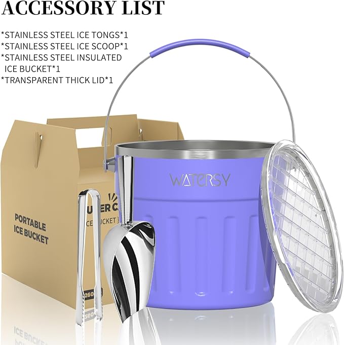 WATERSY Insulated Ice Bucket（8 Quart / 7.6 L） with Lid, Scoop, Ice Tong，Wall Vacuum Stainless Steel, Purple