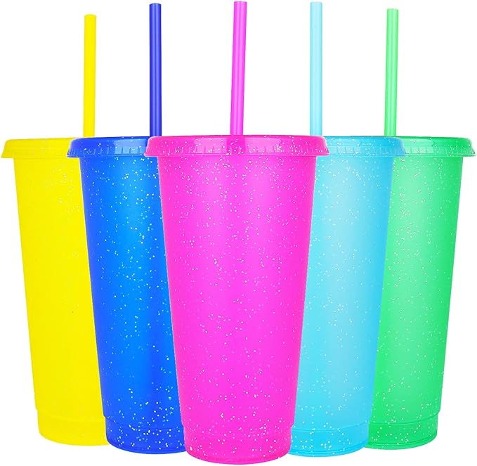 Suertestarry Tumbler with Straw and Lid,Water Bottle Iced Coffee Travel Mug Cup,Reusable Plastic Cups,Perfect for Parties,Birthdays… (Sparkling Glitter, 5pack)