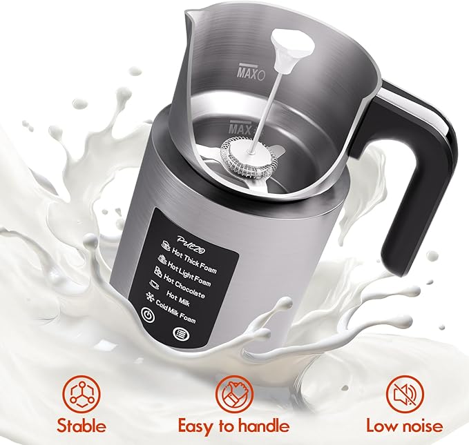 PULZO 5 IN 1 Milk Frother and Steamer, Electric Frother with Detachable Stainless Steel Jug, 17 OZ Hot & Cold Foam Maker for Coffee, Latte, Cappuccino, Hot Chocolate, Silent Operation, BPA