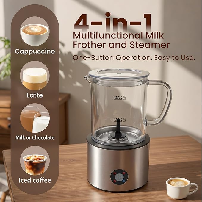 Detachable Milk Frother, 4 in 1 Milk Frother and Steamer, Dishwasher Safe, Glass Frother 16.9oz Warm and Cold Foam Maker, Electric Milk Frother for Coffee, Latte, Hot Chocolate (Silver)