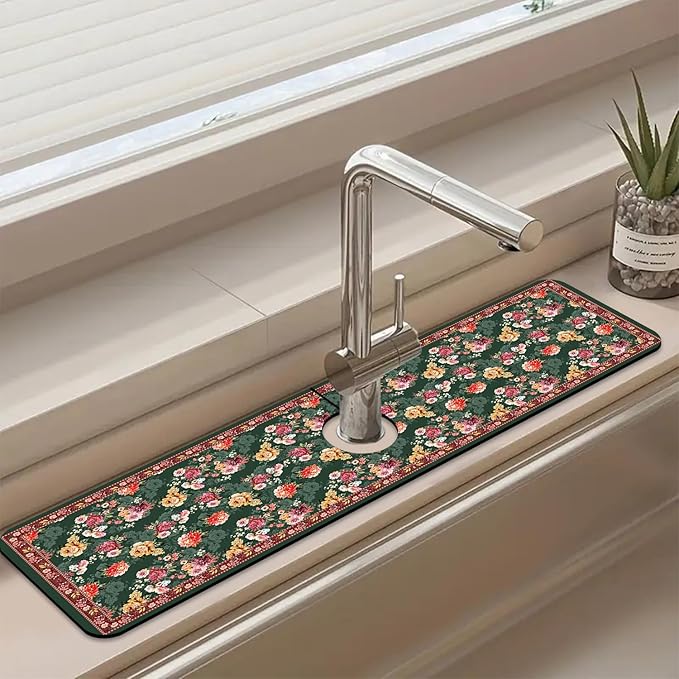 Sink Faucet Absorbing Mat Colorful Flowers Sink Splash Guard Drying Mat for Kitchen Bathroom Faucet Sinkmat 23.5"X5.5"