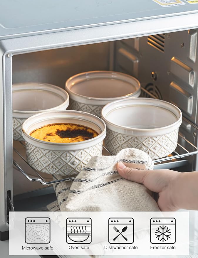 40 Oz Ramekins Ceramic Airtight Bowls Set of 4 - Large Mixing Bowls with Lids Set for Salad, Pho, Soup, Pasta, Dessert, Serving, Oatmeal, Baking Dishes, Dishwasher & Microwave Safe, Beige