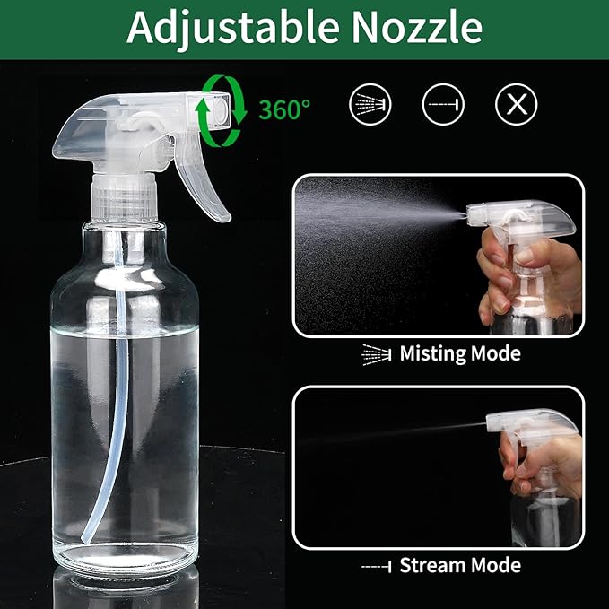 Cosywell Glass Spray Bottles 16.9oz/500ml 2 Pack Empty Spray Bottle for Cleaning Mist/Stream Heavy Duty Water Spraying Bottle for Cooking Solutions Essential Oils Hair Care(Clear)