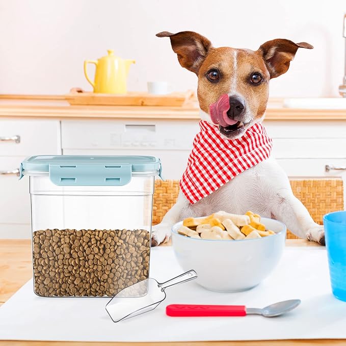 Patelai 6 Pcs Dog and Cat Food Storage Containers with Scoops Set Plastic Pet Food Storage Containers Stackable Airtight Dry for Kitchen 1.27 Qt, 2.4 Qt, 4 Qt(Blue)