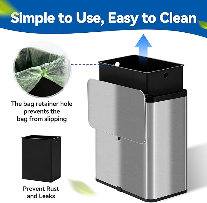 Kitchen Compost Bin with Lid, 2.1 Gallon Stainless Steel Trash Can for Countertop or Under Sink, Hanging Small Kitchen Trash Bin with Removable Inner Bucket, Charcoal Filter for Odor Control
