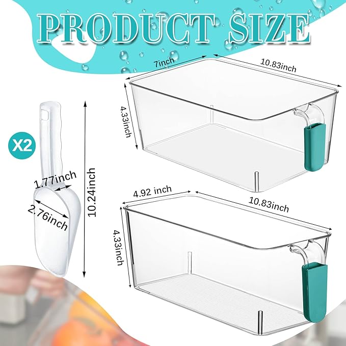 Havawish Ice Storage Bin and Flexible Scoop Set Plastic Freezer Bin with Pull Out Handle Storage Bucket Clear for Container with Scoop(Blue,10.83 x 7 x 4.33 in,10.83 x 4.92 x 4.33 in,Classic)