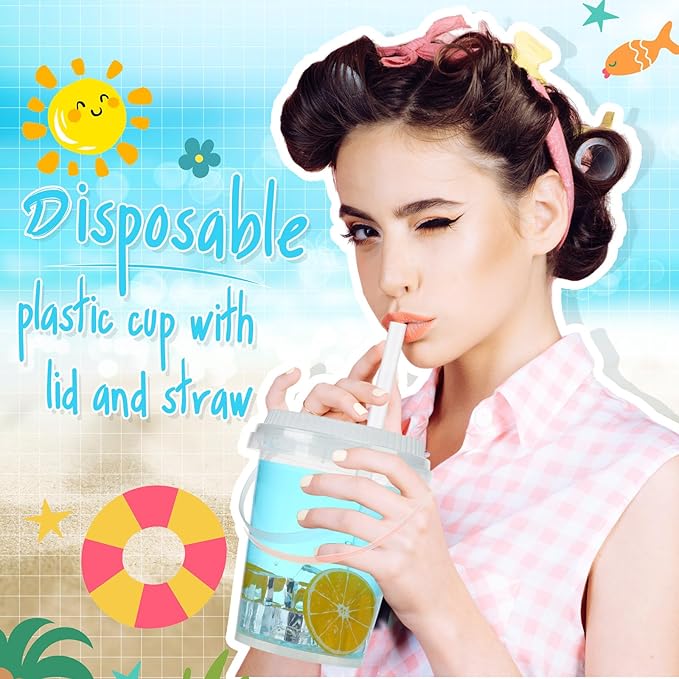 Funnymoom 15 Set 34 oz Clear Drink Buckets with Lids and Straws, Disposable Plastic Rum Cocktail Pails with Handles Large Smoothie Cups for Adult Bachelorette Party Supplies Beach & Catering Events