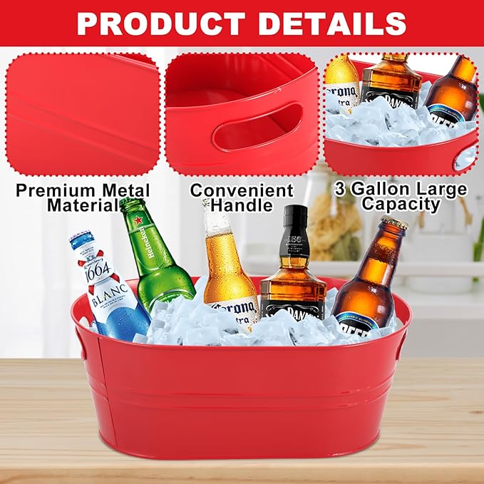 4Pcs 3 Gallon Red Galvanized Bucket Ice Bucket Large Metal Drink Buckets for Parties Beer Beverage Tub with Scoops for Champagne Cocktails Wine Cooling for Mimosa Bar Supplies