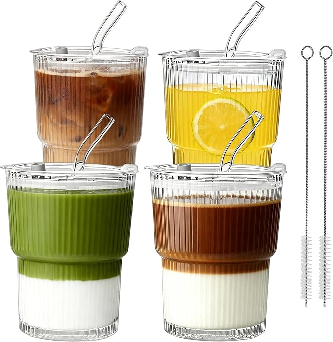 Ribbed Glass Tumbler with Lid and Straws, Resuable Ice Coffee Cups, To Go Iced Coffee Cups for Water, Smoothie, Matcha, Iced Tea Fruit Juice, Clear, 13oz, Set of 4