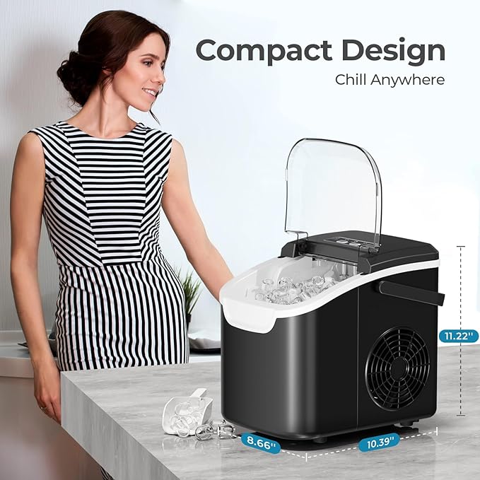 Antarctic Star Countertop Ice Maker Machine, 8 Ice Cubes in 6 mins, 26lb/Day Ice with 2 Sizes- Portable Mini, Energy Saving & Basket/Scoop for Home/Party/Travel/Camping/Bar, Dark Black