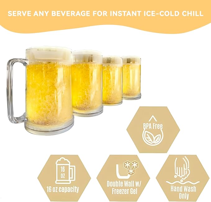 Lily's Home Freezer Beer Mugs with Handles, 16 oz Set of 4 – Clear Frosted Double Wall Insulated Acrylic, Gel-Filled, Break-Resistant for Home Bar, Pool Parties, BBQ & Outdoor