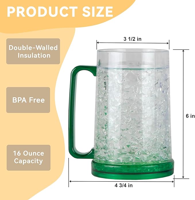 Lily's Home Freezer Beer Mugs, Set of 4-16oz Double Wall Gel-Filled Acrylic Frosty Stein, Break-Resistant with Color-Coded Handles for Home Bar, Pool Parties, BBQ & Outdoor Gifts