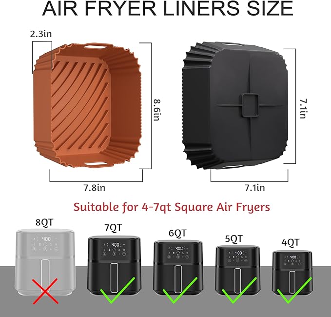 Air Fryer Silicone Liners 2 Pack, Reusable Square Air fryer Basket Liners, 4-6Qt Silicone Baking Tray for Instant Air fryer, Oven Microwave Pot Accessories, Food Grade Kitchen Gadgets