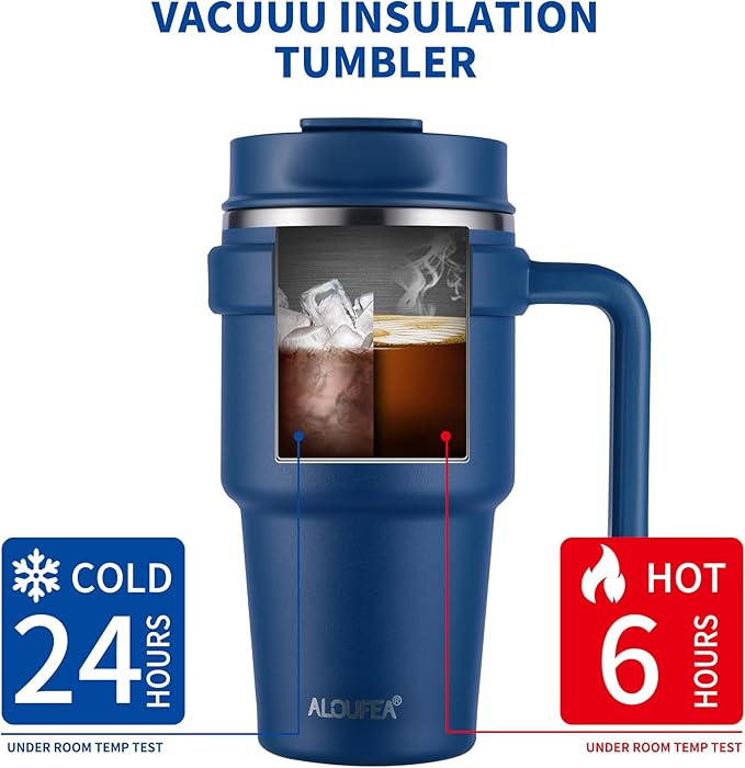 ALOUFEA 20 oz Insulated Coffee Mug Tumbler with Handle, Stainless Steel Travel Mug Tumbler with Lid and Straw,Double Wall Vacuum Leak Proof Ice Coffee Thermal Cup, Navy/Indigo Black