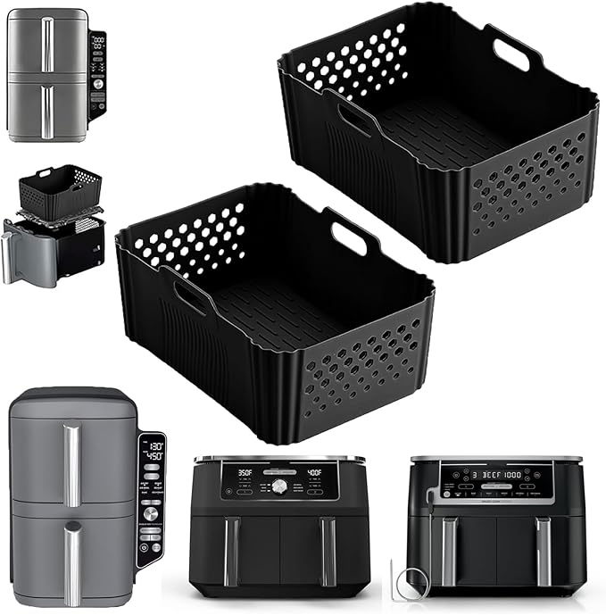 2 Pack Silicone Air Fryer Liners for Ninja 10QT DualZone DZ401 DZ550 DZ302, Reusable Rectangle Non-Stick Basket Liners, Compatible with Ninja Foodi DoubleStack SL401 SL400 & Other 10 QT Air Fryers