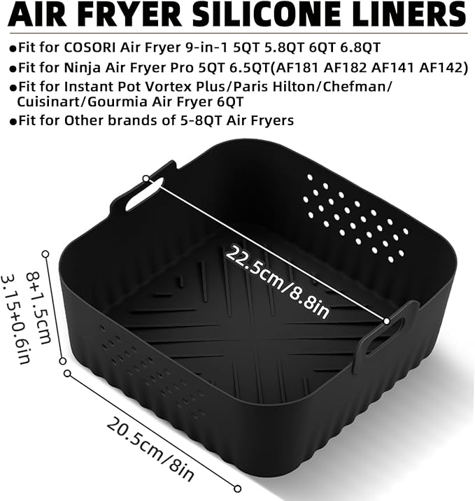 LYHOLKEER Air Fryer Silicone Liners for COSORI Air Fryer 9-in-1 5QT 5.8QT 6QT 6.8QT,2 Pcs Reusable Square Airfryer Liners for Ninja/Instant Pot Vortex Plus/Paris Hilton/Chefman/Cuisinart/Gourmia 6QT