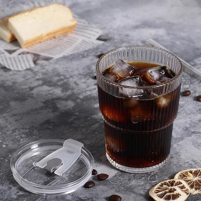 13oz Glass Cups with Lid and Straw,Iced Tumbler Coffee Cup,Reusable Clear Glass Cups for Water,Iced Tea,Juice,To Go Coffee(4pcs)