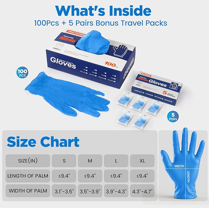 5-Mil Food Grade Disposable Nitrile Gloves Large, 100Pcs + 5 Bonus Travel Packs Blue Cooking Gloves, Latex & Powder Free, Touchscreen, Textured Grip for Cleaning, BBQ, Grill, Tattoo, Barber
