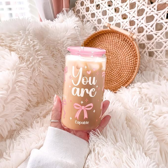 SANDJEST Christian 16oz Can Glass Tumbler with Acrylic Lid & Straw, Iced Coffee Cup for Women Girls, Aesthetic Cups Gifts for Birthday Christmas