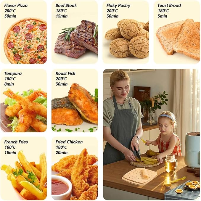 MFJUNS 200PCS Parchment Paper, 9 Inch Square Air Fryer Liner, Filter Paper, (100 Perforated & 100 Imperforate), Non-Stick Baking Paper for Steamers, Cake Pan