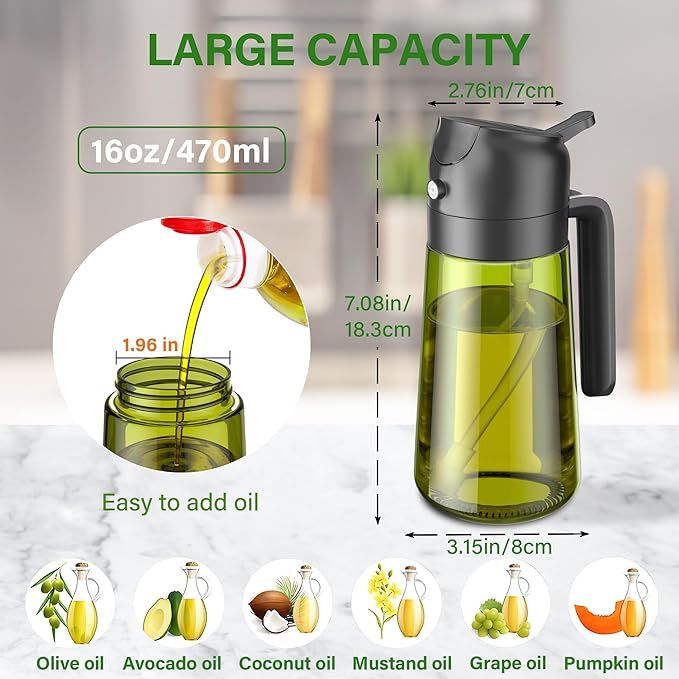 Vakoo 2 in 1 Oil Sprayer and Oil Dispenser for Kitchen - 16oz/470ml Light-Blocking Dark Glass Olive Oil Spray Bottle for Cooking, Air Fryer, Salad & BBQ (Black and White)