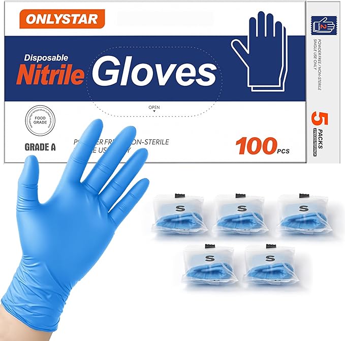 5 Mil Blue Nitrile Gloves Disposable, Small 100Pcs + 5 Bonus Travel Packs, Food Service, Non latex, Powder Free, Textured Grip for Cleaning, Cooking Food Prep, Kitchen, Nail Tech, Pet Care