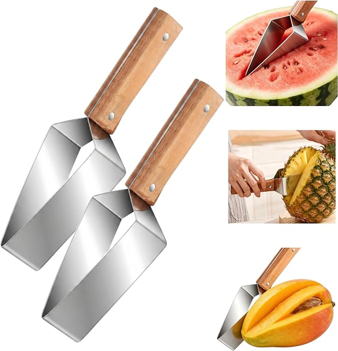 Triangle Watermelon Cutter, Wooden Handle & Stainless Steel Melon Slicer, Fruit Cutter Slicer for Home Kitchen Camping Picnic (2 Pcs)