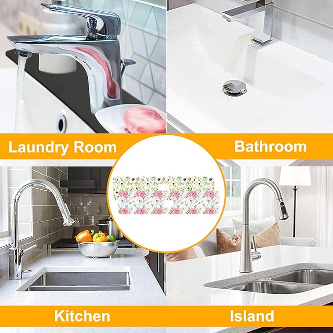 2 Pack Watercolor Floral Sink Faucet Absorbing Mat White Pink Flowers Super Absorbent Fast Drying Mat Sink Gadgets Behind Faucet Sinkmat for Kitchen Bathroom, 23.5"x5.5"