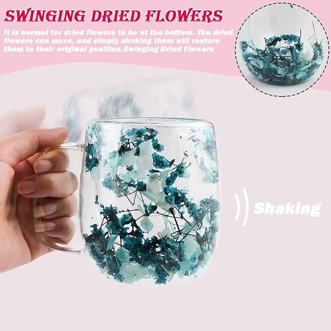 Real Flower Glass Tea Cup, Double Wall Borosilicate Coffee Mug with Preserved Flowers, Clear Aesthetic Floral Glassware, Romantic Gift for Women, Mom, Girlfriend, Mother’s Day & Women’s Day