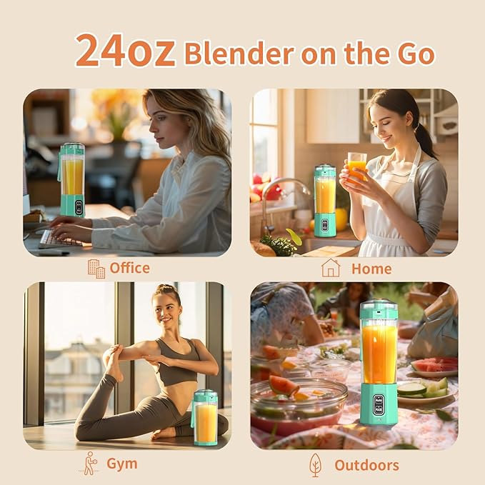 Portable Blender, 360 Watt Personal Blenders with Pulse Mode, Shakes and Smoothies, 6000mAh, BPA Free 24 Oz Blender Cup with 6 Blades and Lid, USB-C, Self Cleaning Portable Juicer For Travel, Green