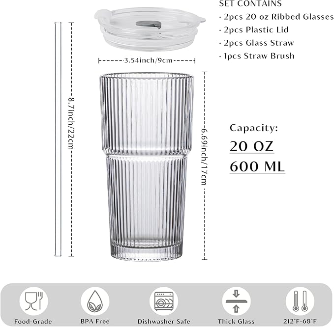 INSETLAN 20 oz Ribbed Glass Tumblers with Lids and Glass Straws – 2-Piece Glassware Set, Heavy-Duty Tumblers, Ideal for Iced Coffee, Smoothies, Cocktails, and Juices – Elegant and Durable Drinkware