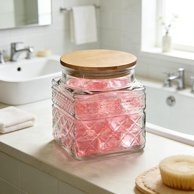 Glass Storage Canister with Airtight Lids, 20.3 FL OZ Thick Glass Candy Jar for Coffee Bean, Cocoa powder,Dog treats, Snacks Vintage Decorative Square Glass Jars for Coffee Bar Kitchen Party Counter