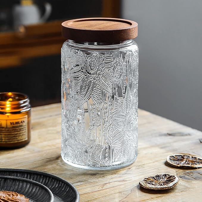 35oz/1000ml Glass Storage Jars with Nature Wood Lids, Airtight Food Storage Containers for Kitchen Organization, Large Capacity for Cookie, Pasta, Sugar, Flour, Cereal - Set of 2 （sunflower）